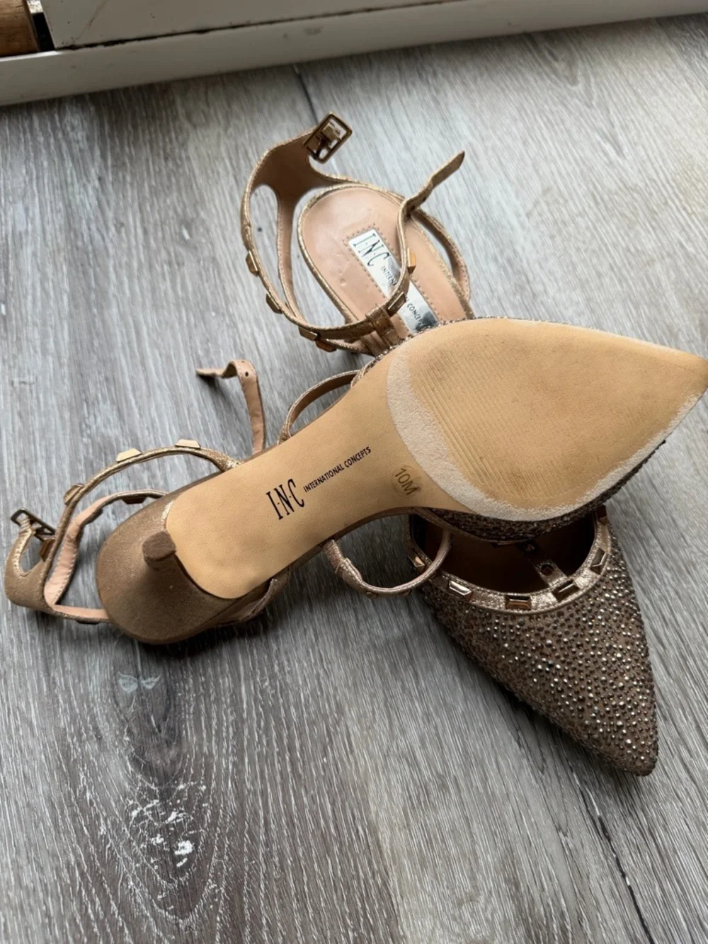 MIA Metallic Tan Pointed Toe T-Strap Flats with Studs - Picture 2 of 3